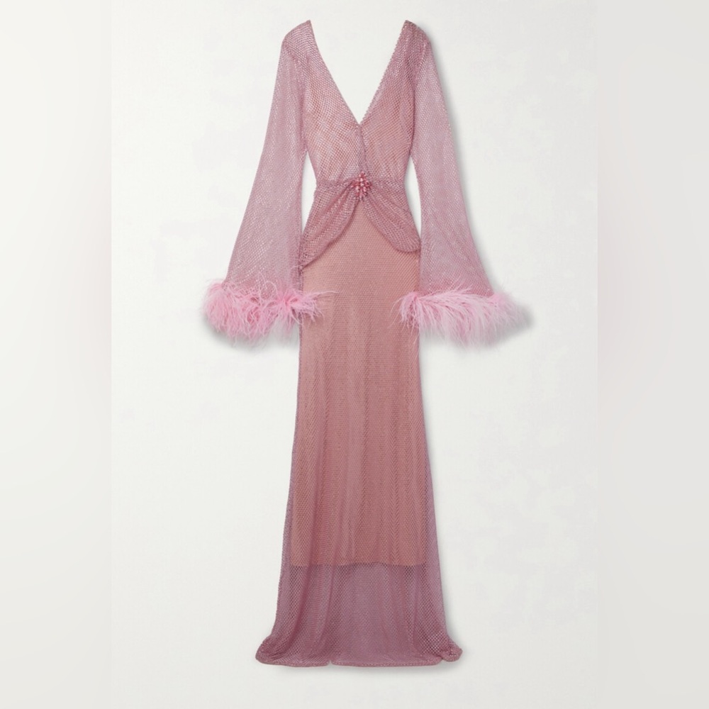 PatBO Pink Feather and Crystal Mesh Maxi Dress